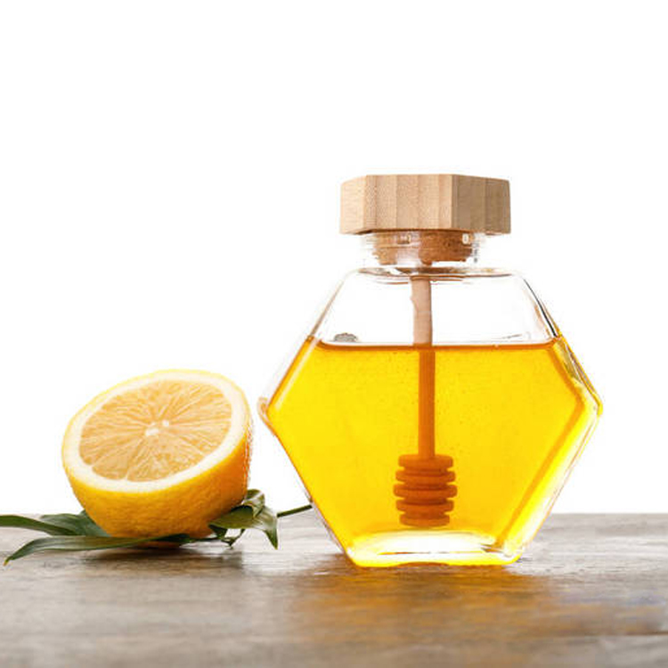 Wholesale 220ml 380ml 250g 500g bamboo cover empty hexagon natural royal honey jar container glass honey jar with dipper