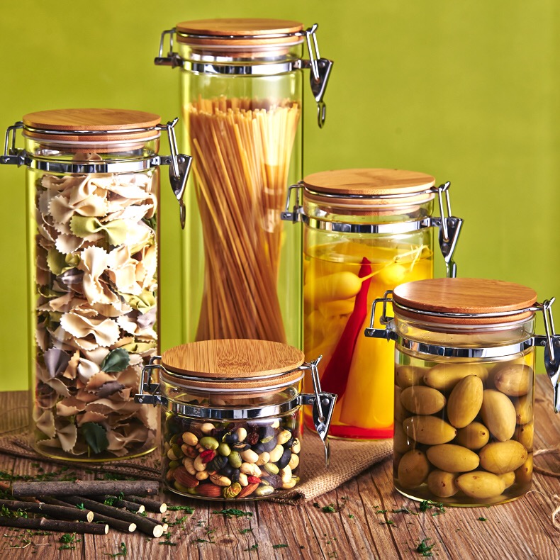 Wholesale 250 ml 500ml 1000ml high quality empty glass stash jar with bamboo lid GSJ-28S