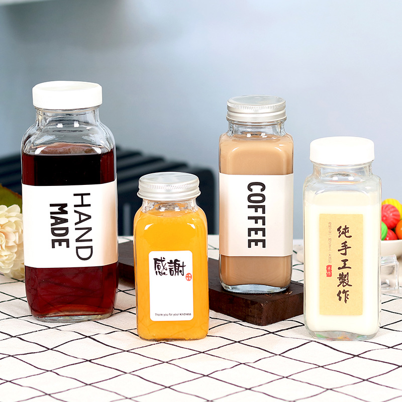 Wholesale 250ML500ML Square Glass Beverage Bottle Custom Juice Bottle For Juicing 16oz With Lid