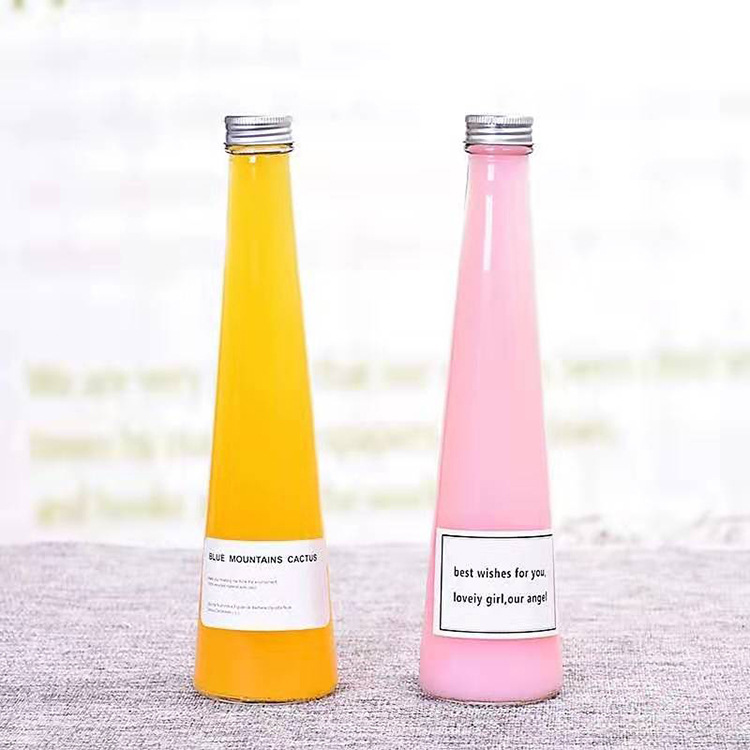 Wholesale 250ml/330ml tapered glass cold brew coffee bottle glass milk tea beverage juice bottle with plastic/aluminum cap