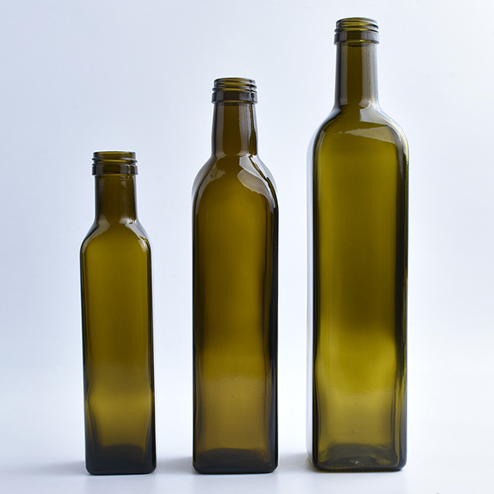 Wholesale 250ml 500ml 750ml 1000ml Square Dark Green Glass Olive Oil Bottle For Marasca With Aluminum Cap