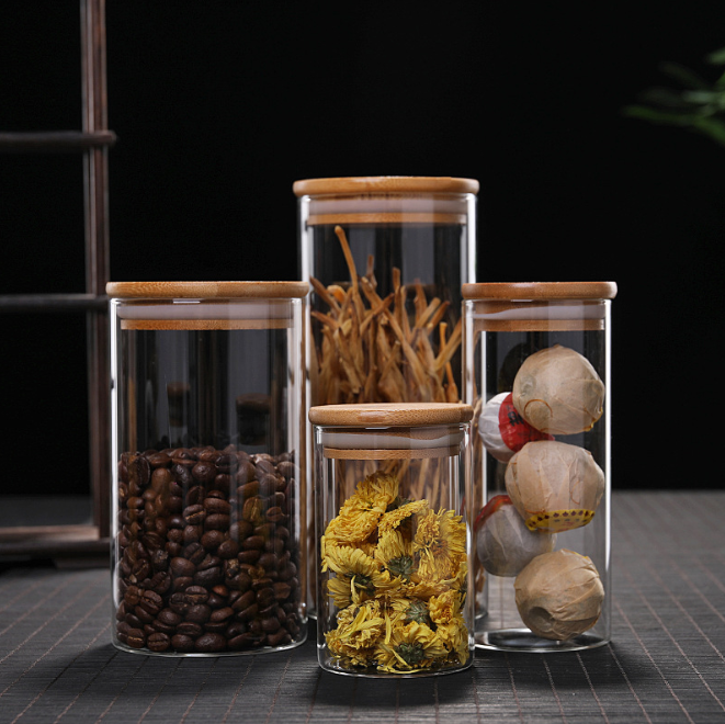 Wholesale 250ml 500ml Empty Spice Candy Coffee Food Storage Containers Bottle Bamboo Seal Lid Glass Jars