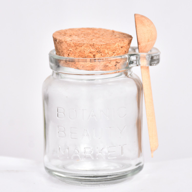 Wholesale 250ml custom glass food storage jar glass honey jar with cork lid and spoon