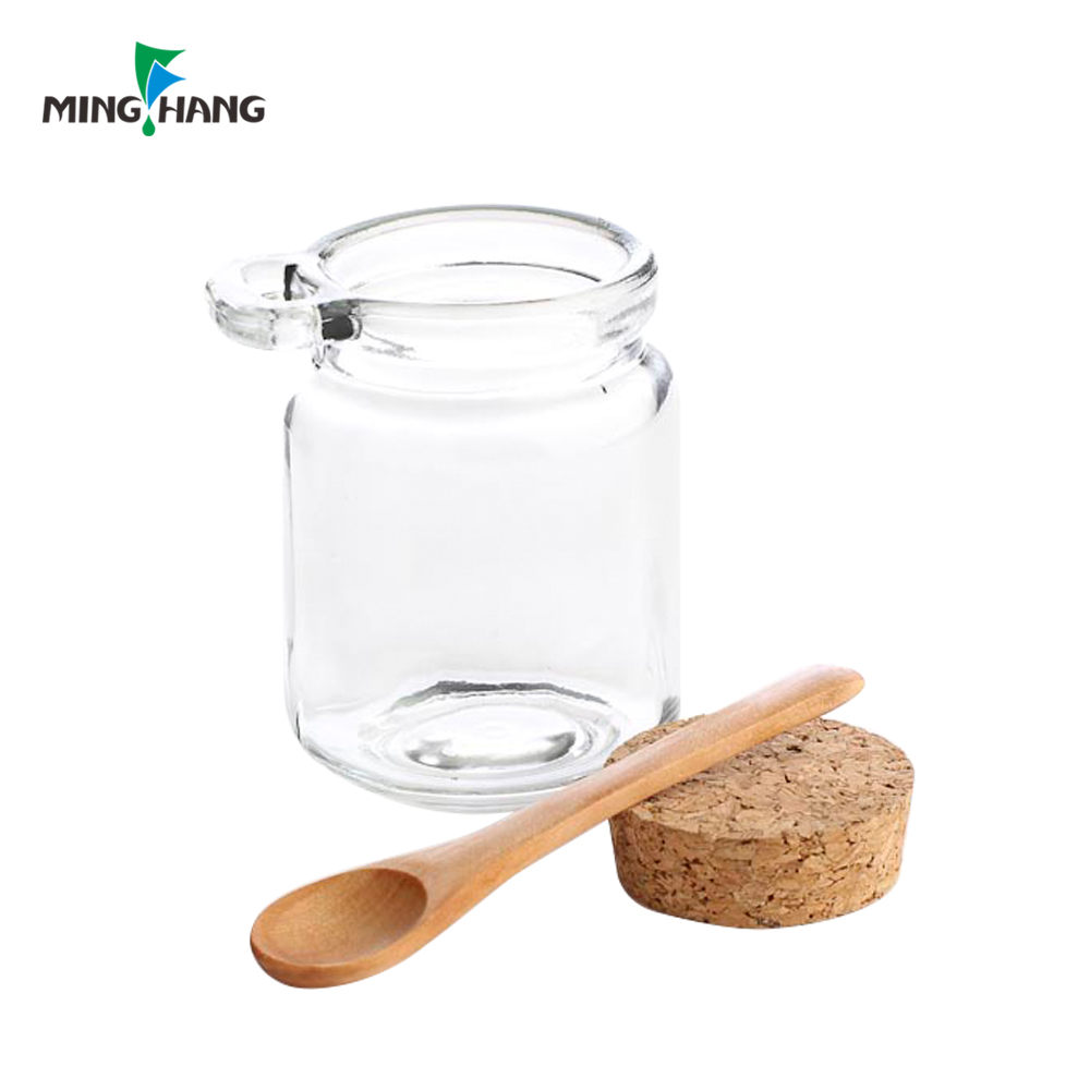 Wholesale 250ml round shape Seasoning glass container cruet Spice Jar With Spoon Bamboo Lid