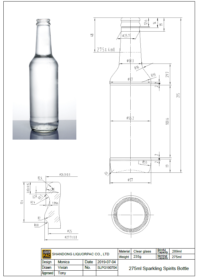 Wholesale 275ml clear empty carbonated soft drinking beverage soda cocktail juice glass beer bottle with pull ring cap closure