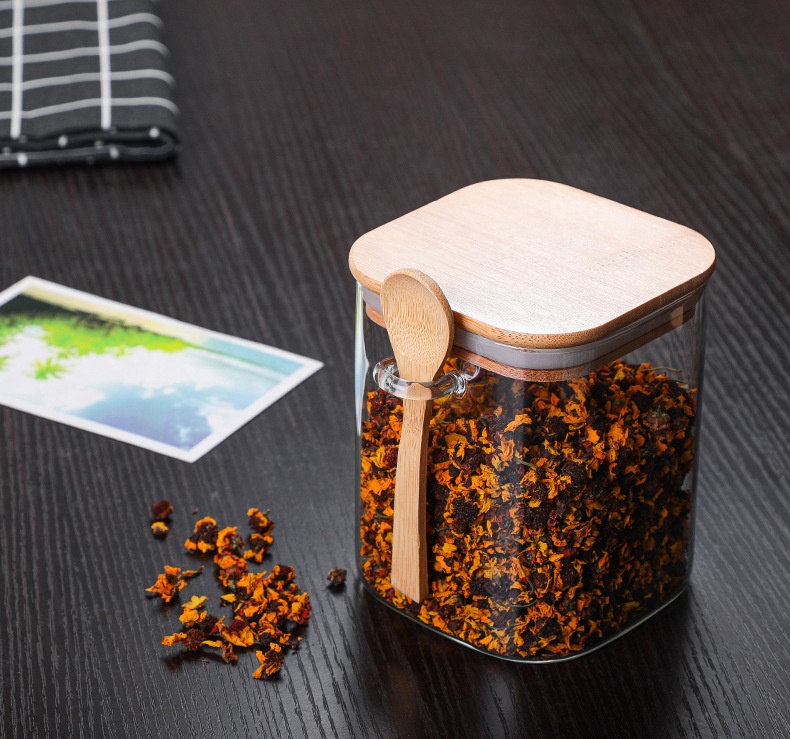 Wholesale 28oz,35oz,42oz borosilicate jar square glass with wooden spoon