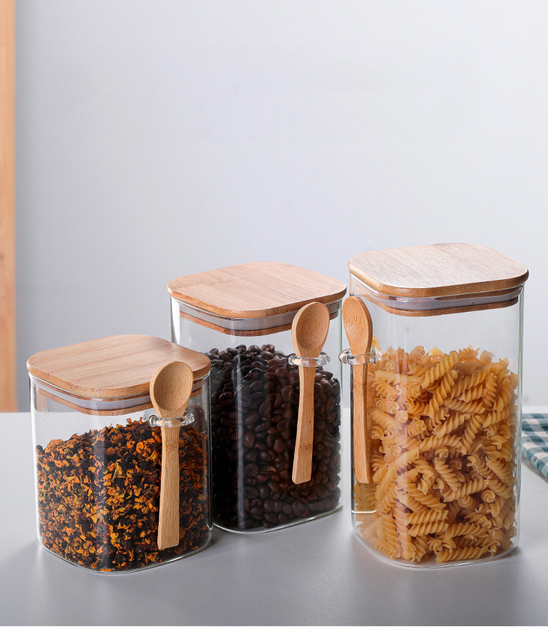 Wholesale 28oz,35oz,42oz borosilicate jar square glass with wooden spoon