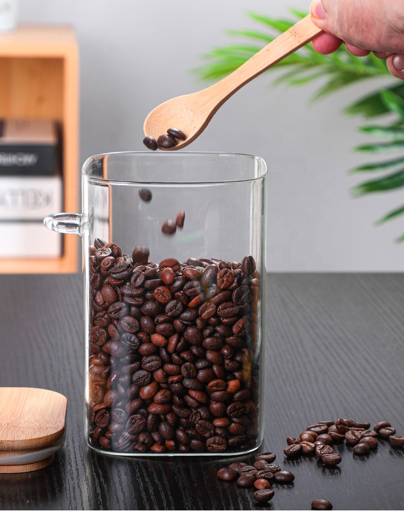 Wholesale 28oz,35oz,42oz borosilicate jar square glass with wooden spoon