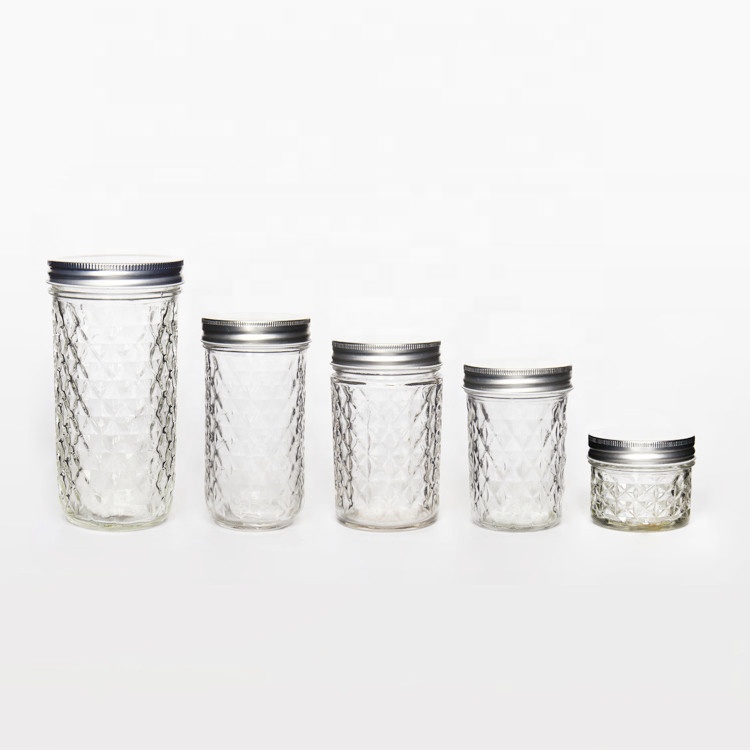 Wholesale 3 oz 4 oz 8 oz 12 oz Wide Mouth Size Quilted Crystal Glass Mason Jar With Sliver Lids for Jam Jelly
