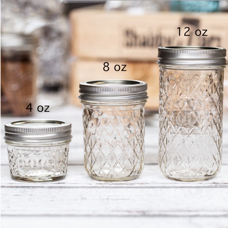Wholesale 3 oz 4 oz 8 oz 12 oz Wide Mouth Size Quilted Crystal Glass Mason Jar With Sliver Lids for Jam Jelly
