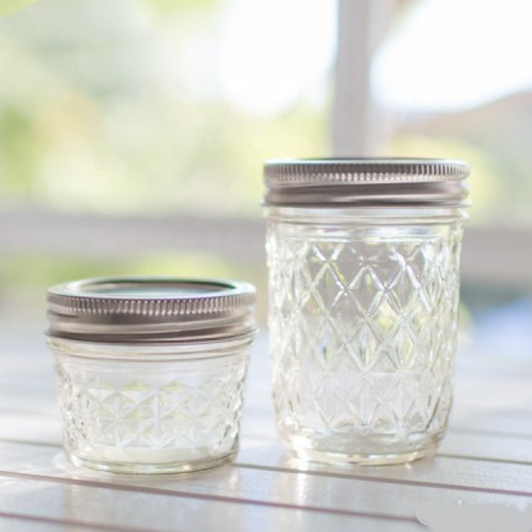 Wholesale 3 oz 4 oz 8 oz 12 oz Wide Mouth Size Quilted Crystal Glass Mason Jar With Sliver Lids for Jam Jelly