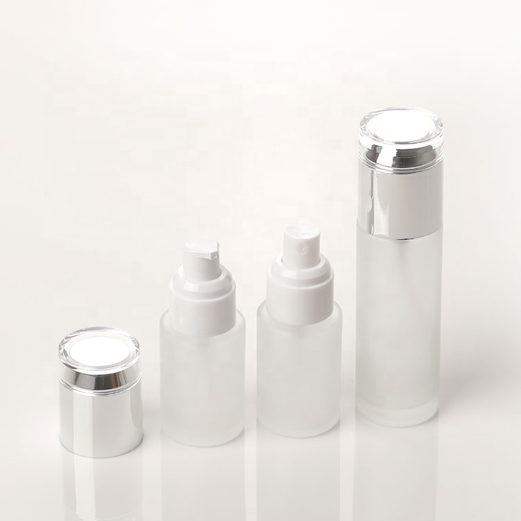 Wholesale 30 60ml Frosted Glass Bottle Diffuser Empty Skin Care Serum Lotion Pump Bottle with Silver Treatment Pump