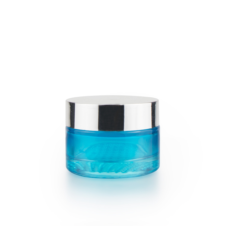 Wholesale 30 ml 50 ml makeup metal lid coloured blue round transparent cosmetic packing glass jars for cream cosmetic