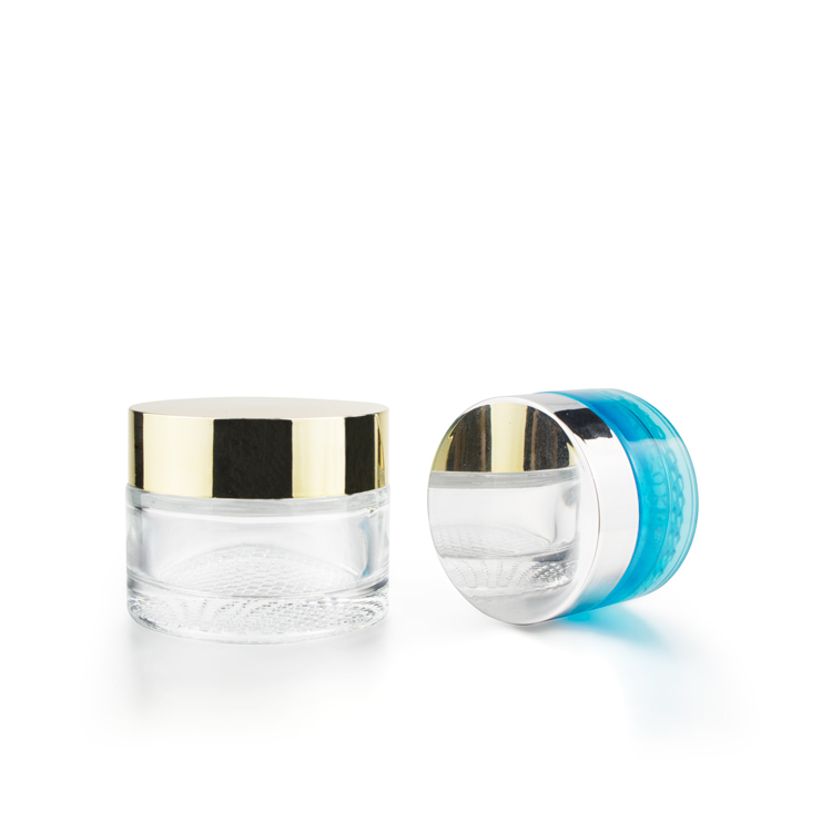 Wholesale 30 ml 50 ml makeup metal lid coloured blue round transparent cosmetic packing glass jars for cream cosmetic