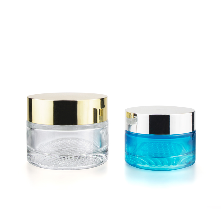 Wholesale 30 ml 50 ml makeup metal lid coloured blue round transparent cosmetic packing glass jars for cream cosmetic