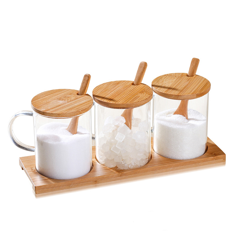 Wholesale 300ml bamboo lid spice jars with bamboo tray set