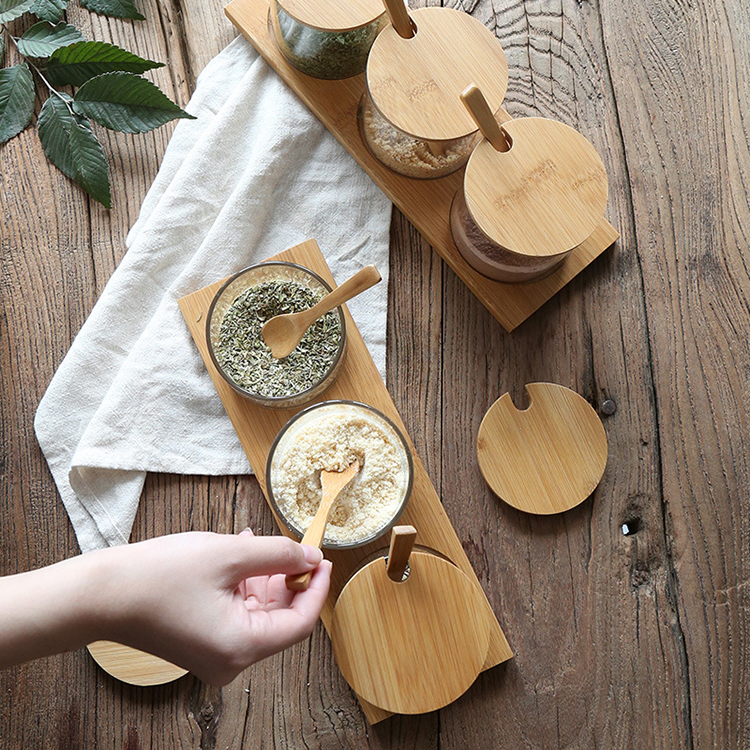 Wholesale 300ml bamboo lid spice jars with bamboo tray set