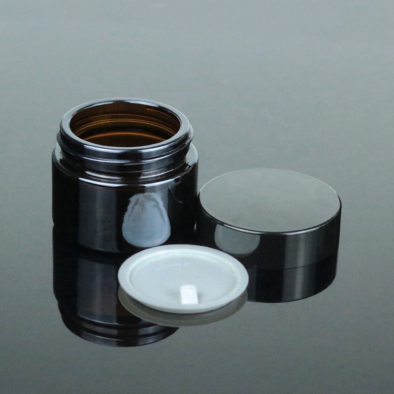 Wholesale 30g 1oz Amber Cream Round Containers Empty Cosmetic Packaging Brown Glass Jar With Black Lid (GJM10)