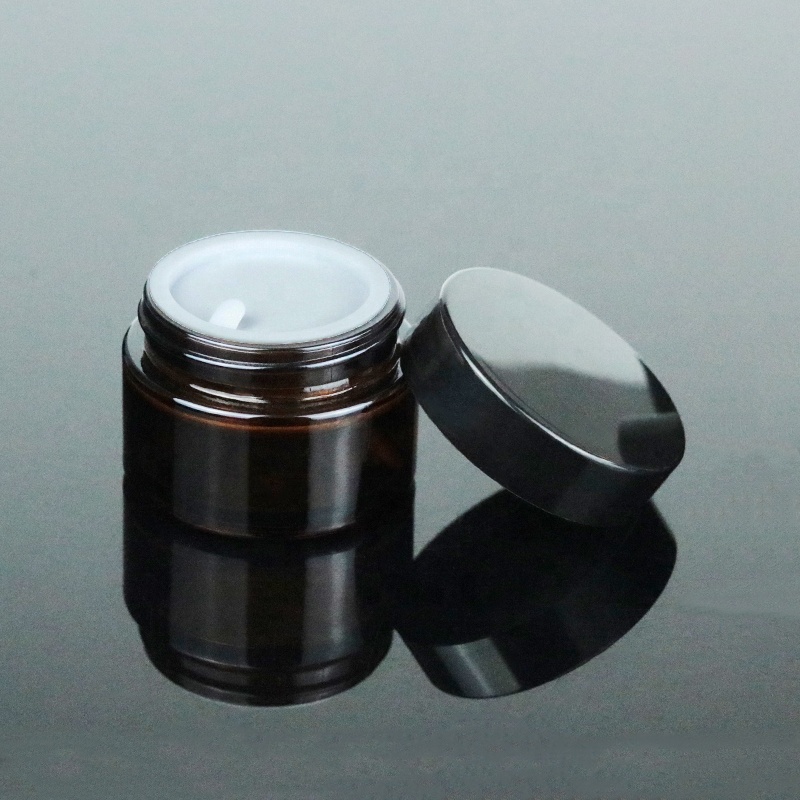 Wholesale 30g 1oz Amber Cream Round Containers Empty Cosmetic Packaging Brown Glass Jar With Black Lid (GJM10)