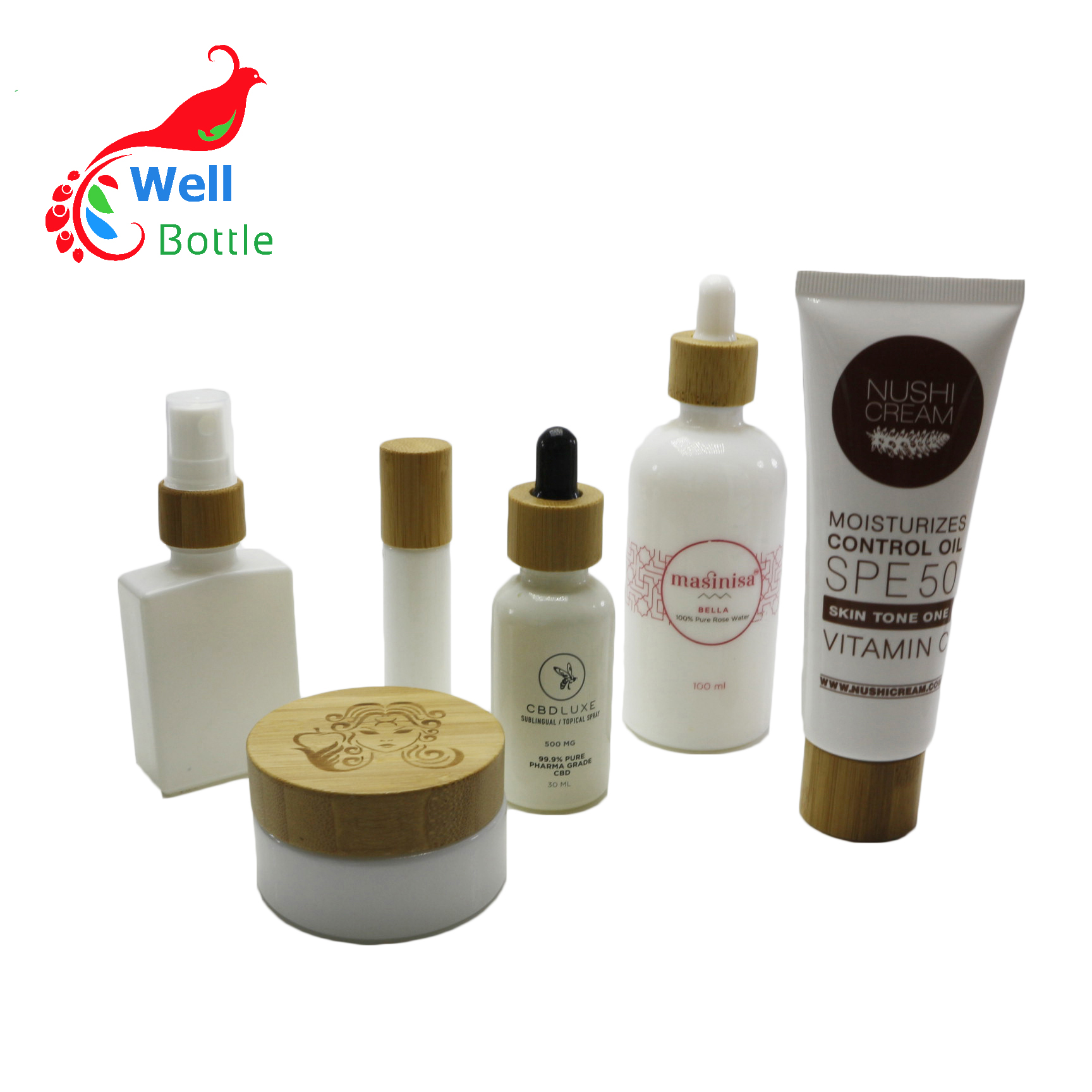 Wholesale 30g 50g 100g 150 ml 200g 250g bamboo glass bottles only bamboo lids bamboo lotion spray pump cap BP414E