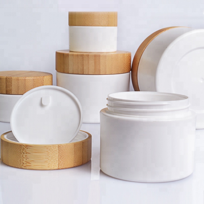 Wholesale 30g 50g 100g 150g 200g PP Cosmetic White Plastic cream jar with bamboo wooden lid for skin care