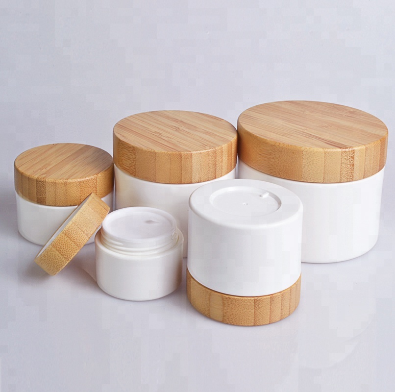 Wholesale 30g 50g 100g 150g 200g PP Cosmetic White Plastic cream jar with bamboo wooden lid for skin care