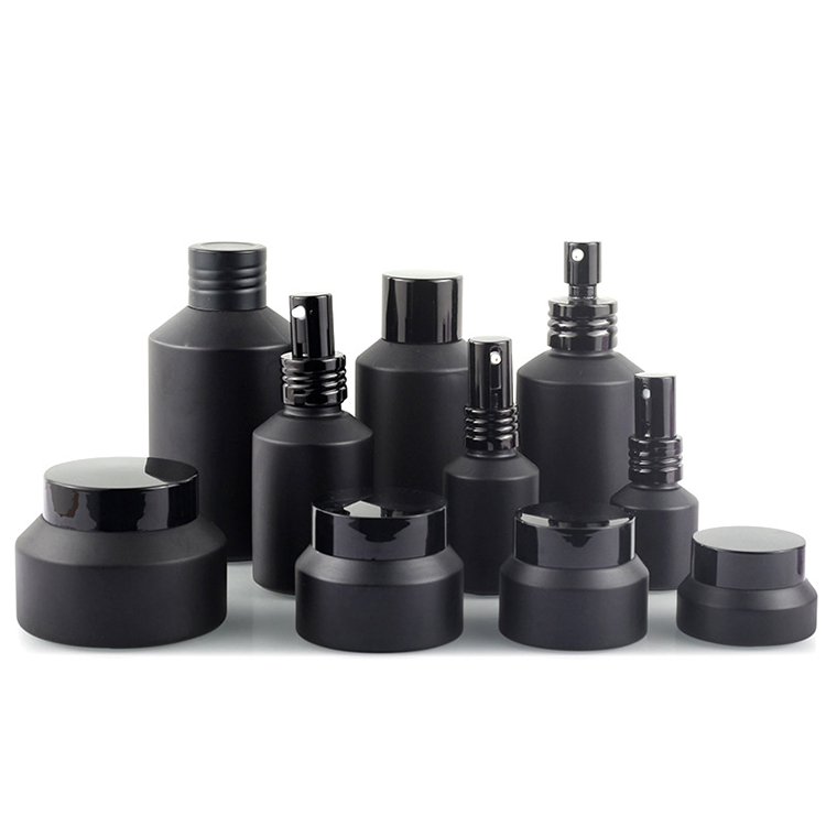 Wholesale 30g 50g 30ml 60ml 100ml Matte Black Cosmetic Glass Bottle Sets Glass Jar For Skincare Face Cream Lotion Bottle