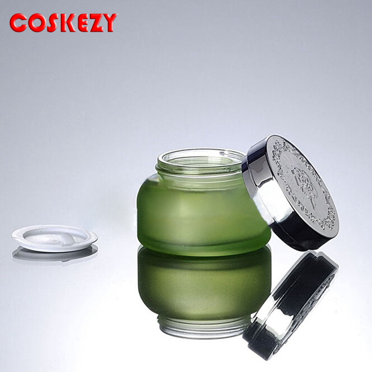 Wholesale 30g 50g Frosted Green Glass Cream Packaging Jar with Gold Lid, Aluminum Cap Frosted Green Glass Jar for Cream