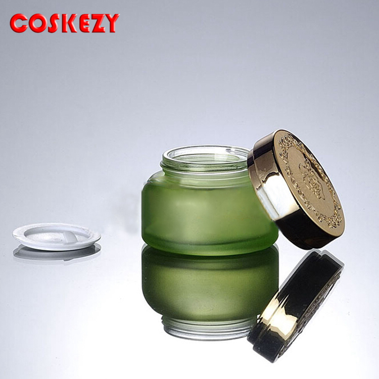 Wholesale 30g 50g Frosted Green Glass Cream Packaging Jar with Gold Lid, Aluminum Cap Frosted Green Glass Jar for Cream