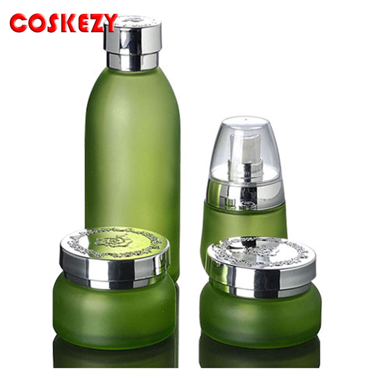 Wholesale 30g 50g Frosted Green Glass Cream Packaging Jar with Gold Lid, Aluminum Cap Frosted Green Glass Jar for Cream