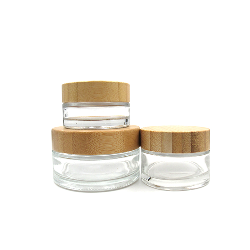 Wholesale 30g 50g Glass clear transparent Refillable Face Cream Cosmetics Jar with bamboo cap