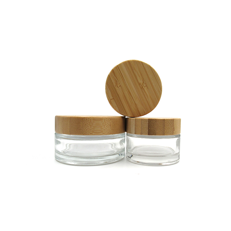 Wholesale 30g 50g Glass clear transparent Refillable Face Cream Cosmetics Jar with bamboo cap