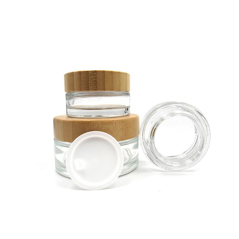 Wholesale 30g 50g Glass clear transparent Refillable Face Cream Cosmetics Jar with bamboo cap