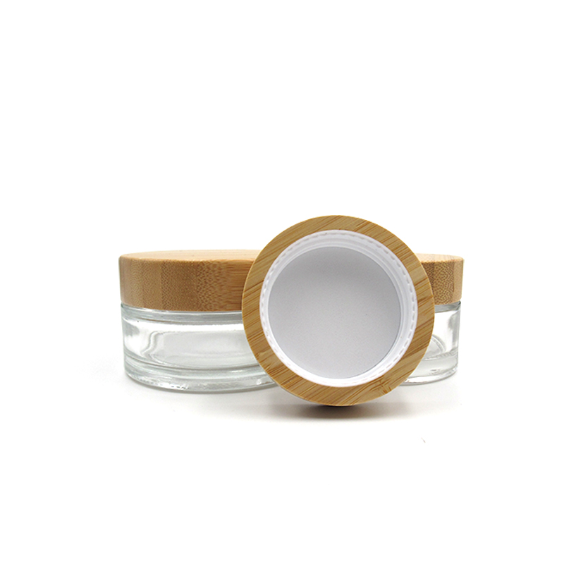 Wholesale 30g 50g Glass clear transparent Refillable Face Cream Cosmetics Jar with bamboo cap