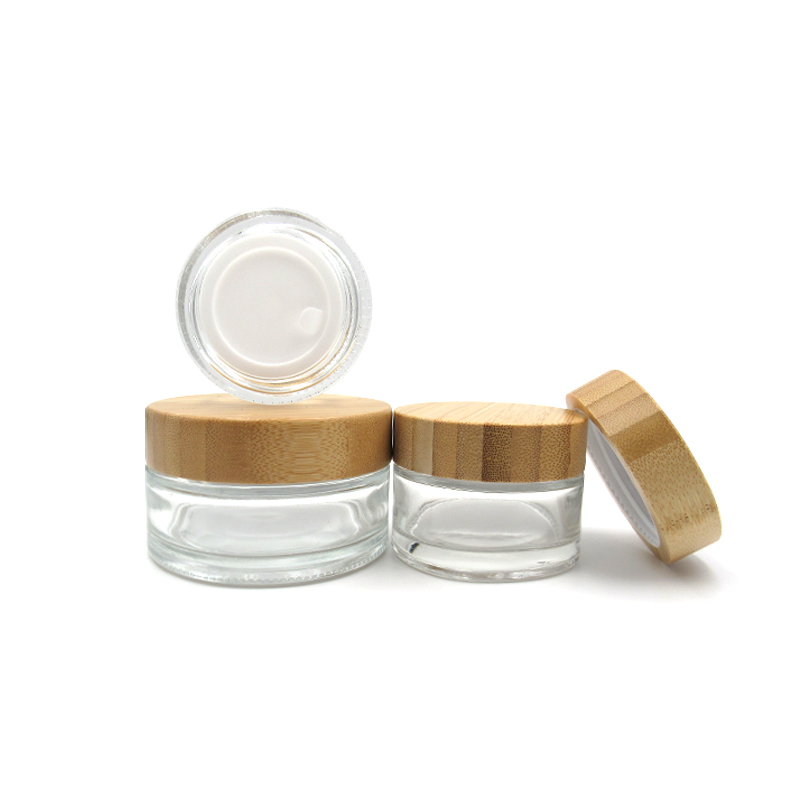 Wholesale 30g 50g Glass clear transparent Refillable Face Cream Cosmetics Jar with bamboo cap
