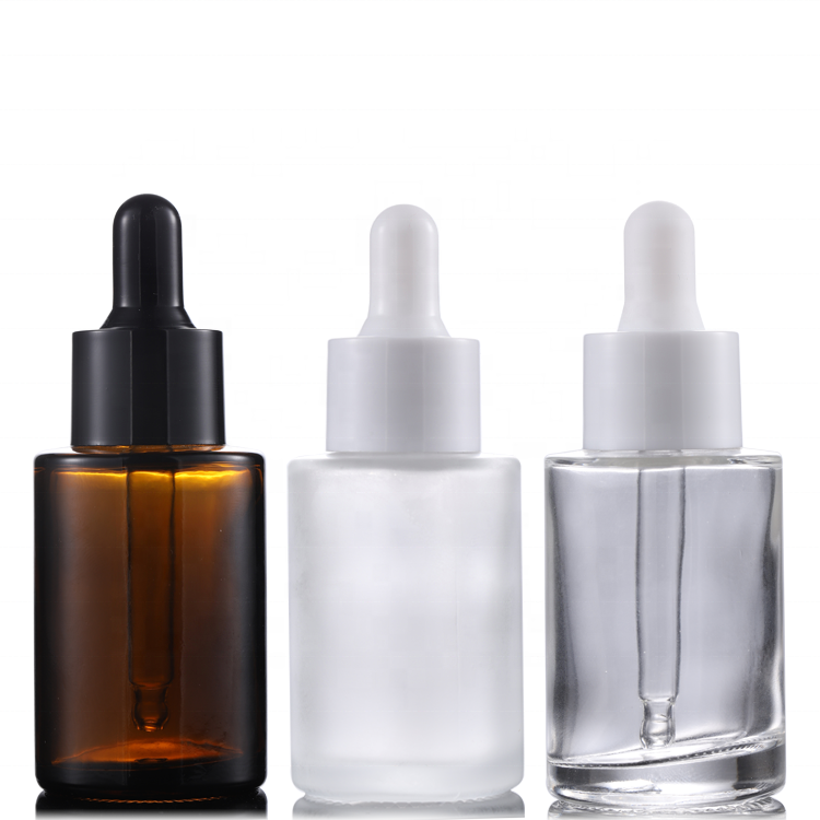 Wholesale 30ml 1oz frosted clear amber essence oil luxury flat shoulder dropper serum bottle