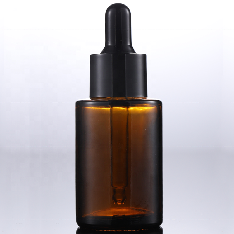 Wholesale 30ml 1oz frosted clear amber essence oil luxury flat shoulder dropper serum bottle
