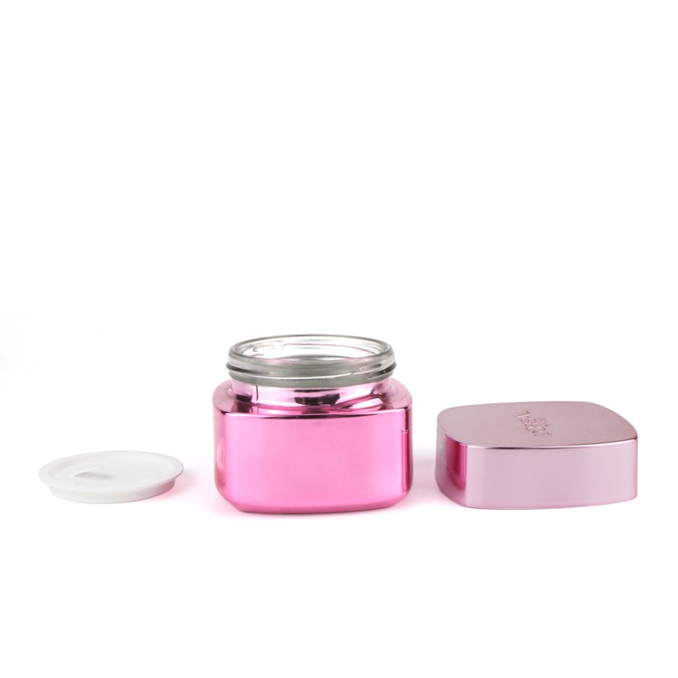 Wholesale 30ml 50ml 120ml Electroplating Pink Glass Square Jars with Plastic Lid Cosmetics Empty Face cream Lotion Glass Jars
