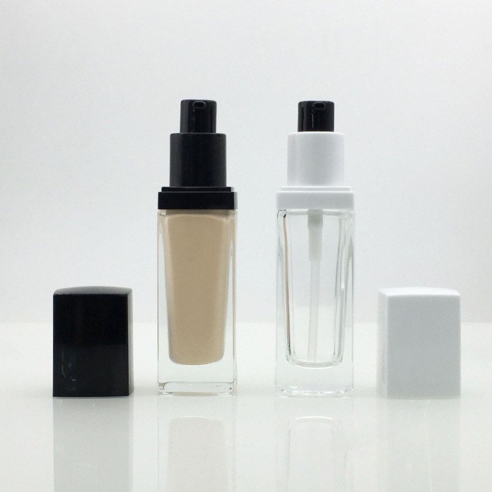 Wholesale 30ml Clear Square Shape Pump Liquid Foundation Packaging Glass Bottle with Black Plastic Cap