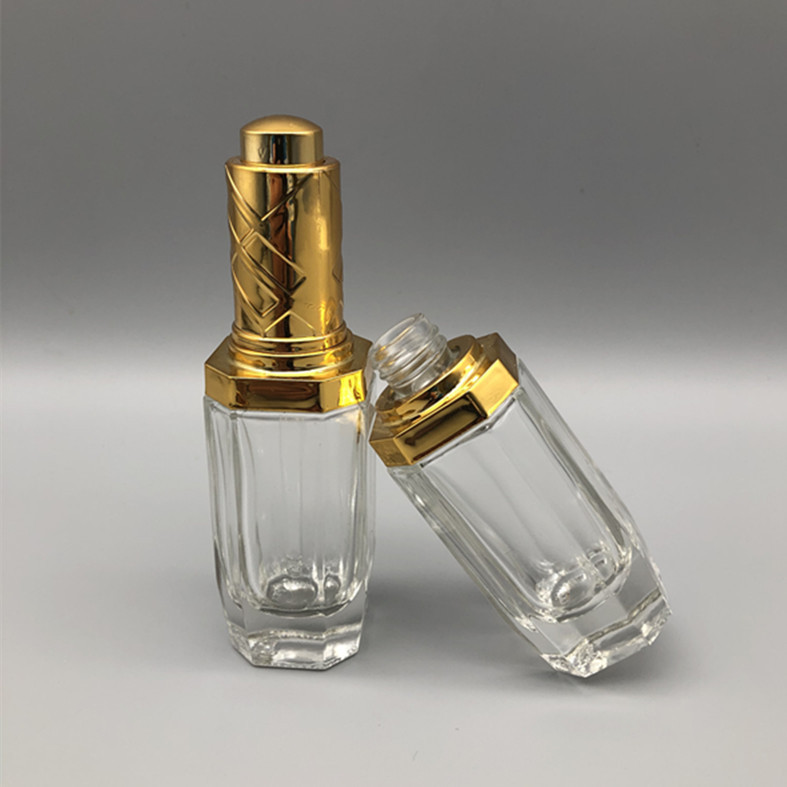 Wholesale 30ml luxurious glass dropper Octagonal bottle for cosmetic package with gold press dropper cap in good price