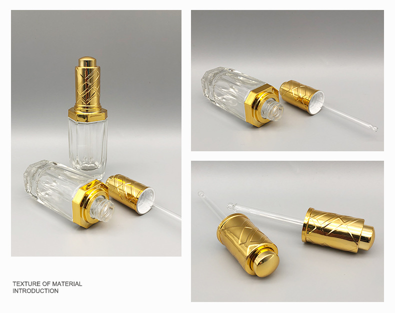 Wholesale 30ml luxurious glass dropper Octagonal bottle for cosmetic package with gold press dropper cap in good price