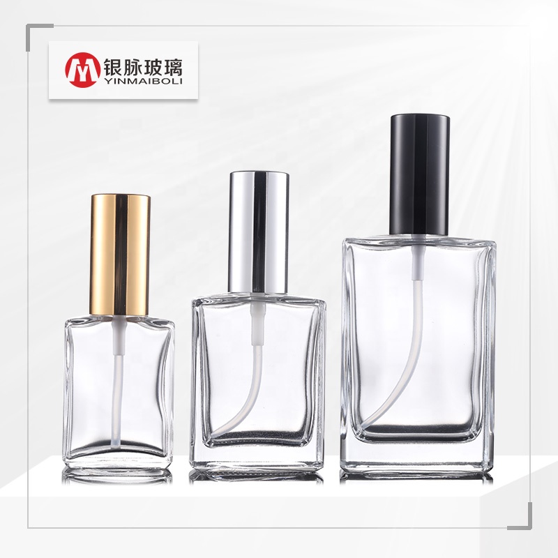 Wholesale 30ml rectangular glass bottle with aluminum spray lid perfume glass bottle 50ml 100ml
