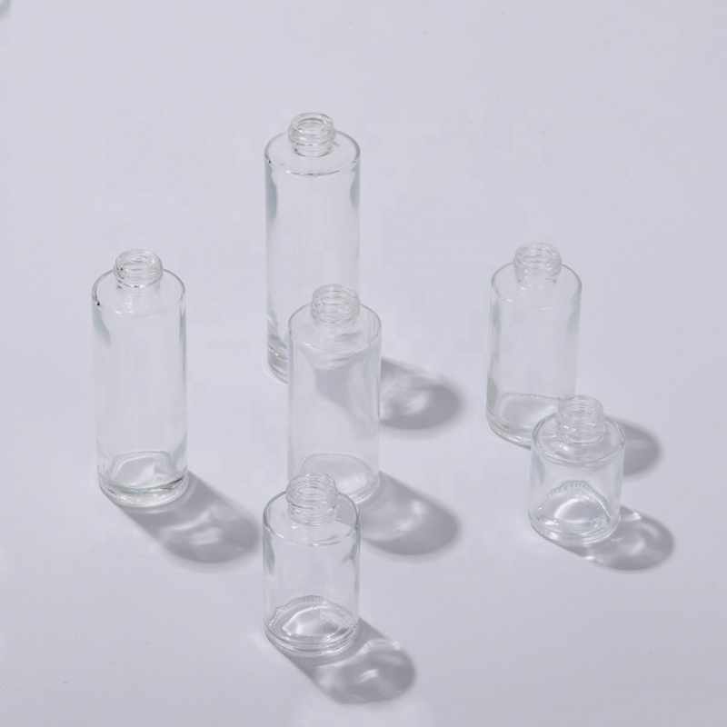 Wholesale 30ml transparent matte cosmetic flat shoulder eye serum dropper glass bottle set with white dropper lid