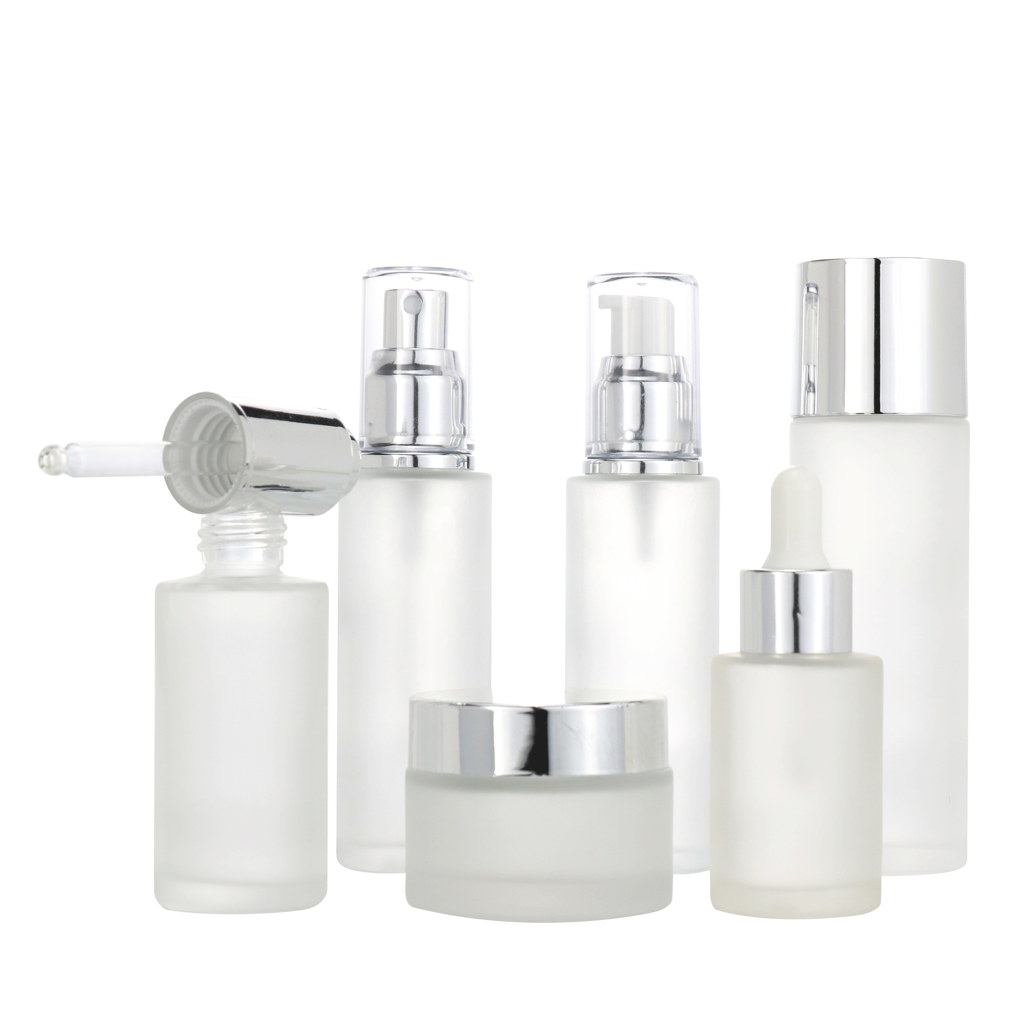 Wholesale 30ml transparent matte cosmetic flat shoulder eye serum dropper glass bottle set with white dropper lid