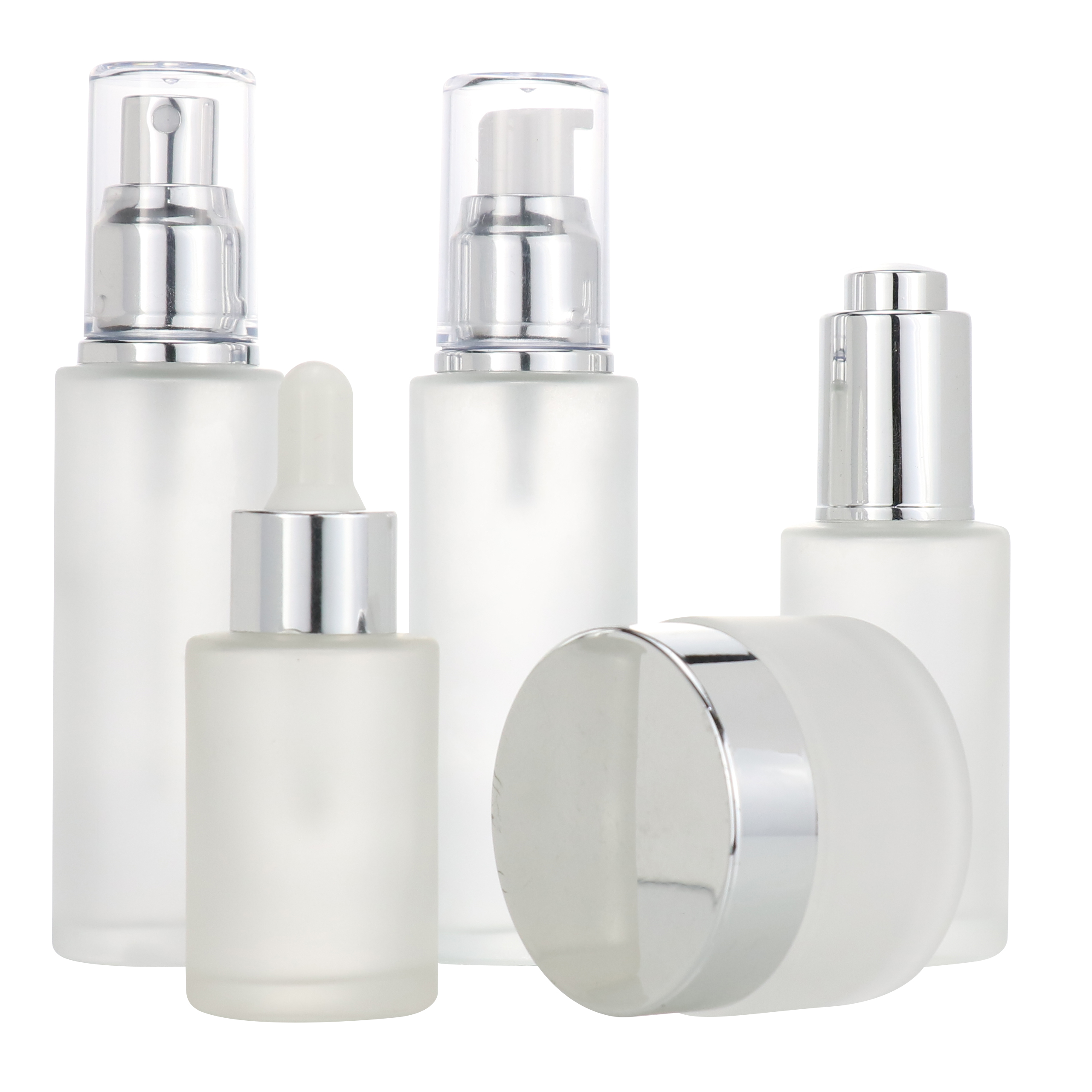 Wholesale 30ml transparent matte cosmetic flat shoulder eye serum dropper glass bottle set with white dropper lid