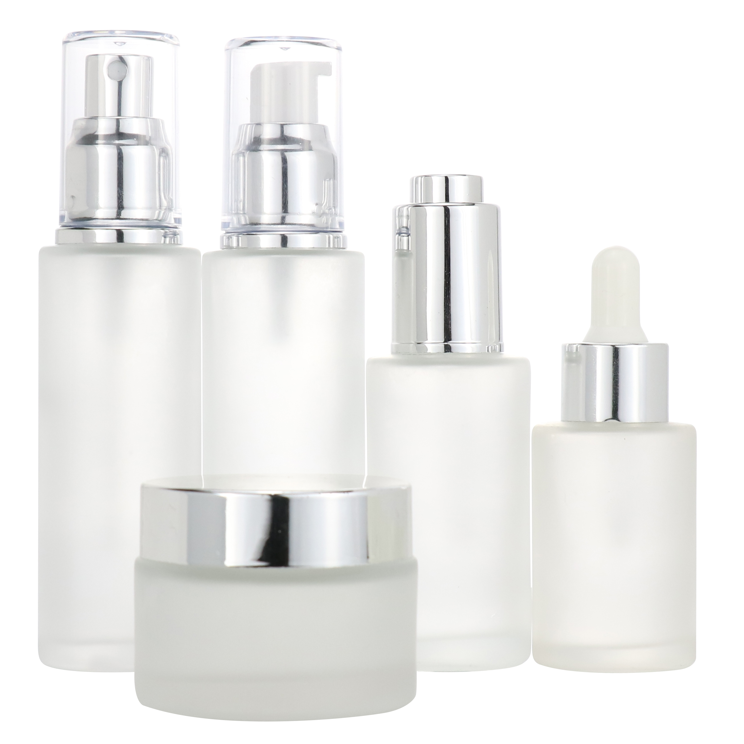 Wholesale 30ml transparent matte cosmetic flat shoulder eye serum dropper glass bottle set with white dropper lid