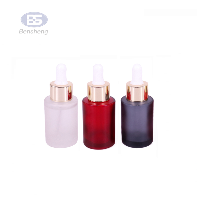 Wholesale 30ml transparent matte cosmetic flat shoulder eye serum dropper glass bottle set with white dropper lid
