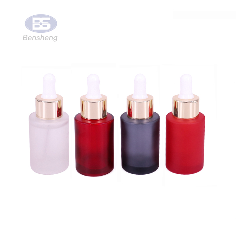 Wholesale 30ml transparent matte cosmetic flat shoulder eye serum dropper glass bottle set with white dropper lid