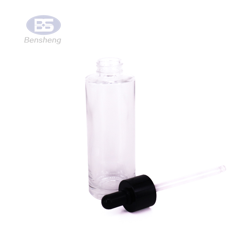 Wholesale 30ml transparent matte cosmetic flat shoulder eye serum dropper glass bottle set with white dropper lid
