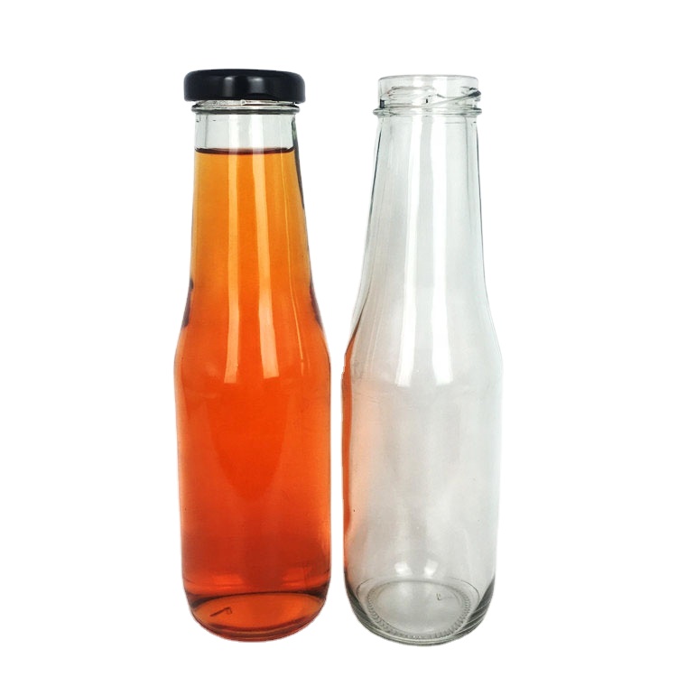 Wholesale 350ml clear juice bottle glass beverage bottle with metal lid